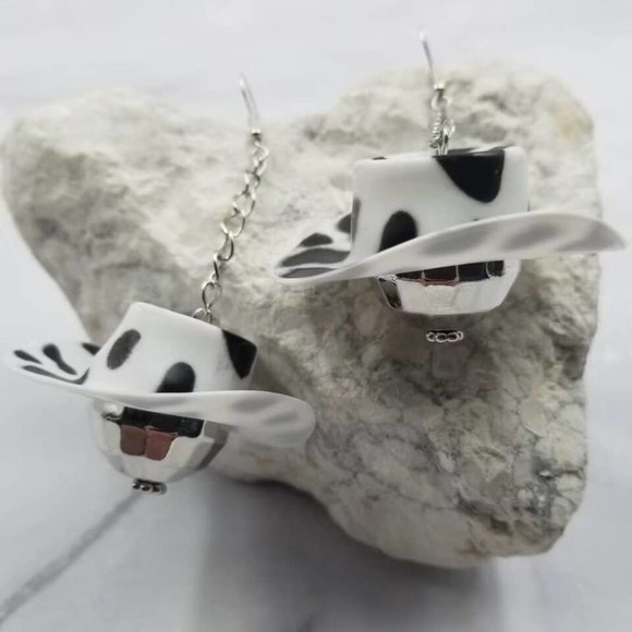 The Pretty Jewellery Jewelry - Western Cowgirl Cow Print Hat Disco Ball Dangle Earrings